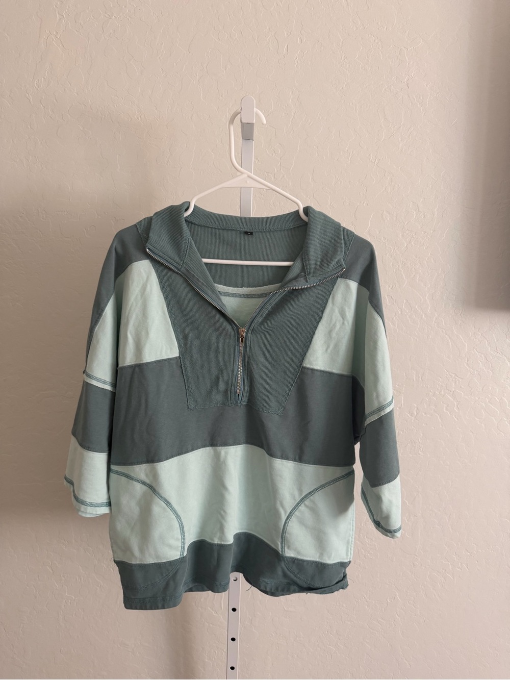 Striped Half-Zip Pullover Hoodie in Sage and Mint with shorts set